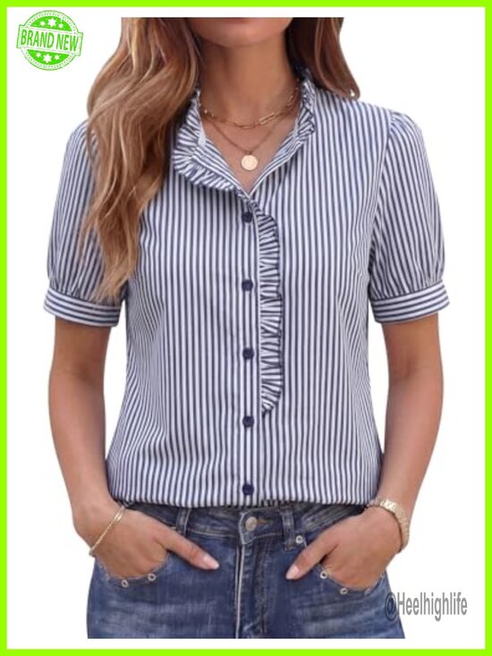Tops - Puff Short Sleeve Ruffle Button Down Shirt for Women Office Work Blouse